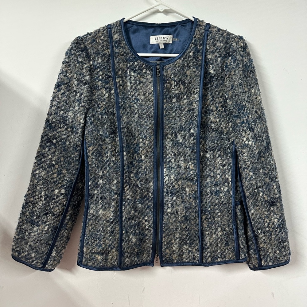Teri Jon Sportswear Wool Full Zip Blazer Tweed Jacket Size 12 Grey Blue Mohair